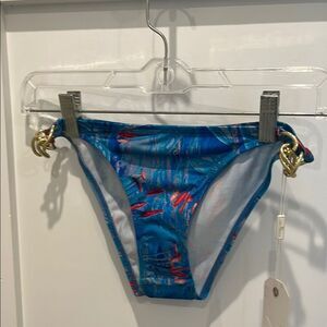 Lisa Kelly Blue and Red Tropical Bikini with Gold Chain Sides